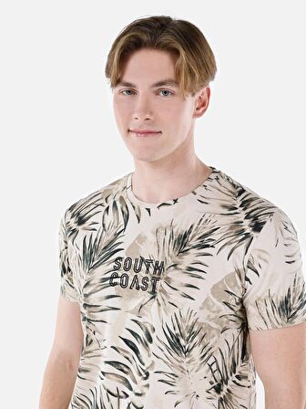 Normal Kesim Bisiklet Yaka Baskılı Bej Erkek Kısa Kol Tişört Cl1067738