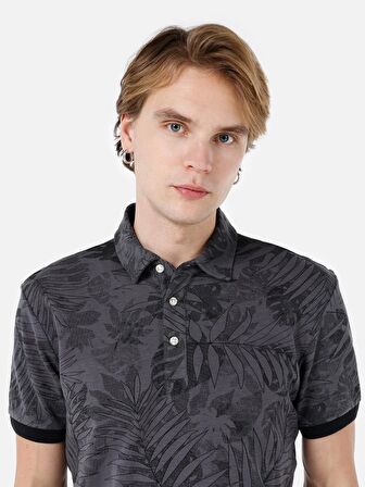 Normal Kesim Polo Yaka Baskılı Antrasit Erkek Kısa Kol Tişört Cl1067804