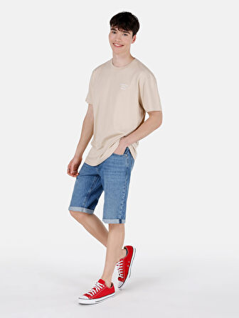 Normal Kesim Bisiklet Yaka Baskılı Bej Erkek Kısa Kol Tişört Cl1067815