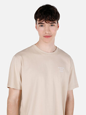 Normal Kesim Bisiklet Yaka Baskılı Bej Erkek Kısa Kol Tişört Cl1067815