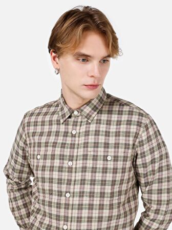 Normal Kesim Shirt Yaka Yeşil Erkek Uzun Kol Gömlek