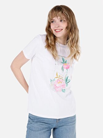 Normal Kesim Bisiklet Yaka Çiçek Baskılı Beyaz Kadın Kısa Kol Tişört Cl1067980