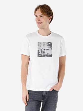 Normal Kesim Bisiklet Yaka Baskılı Beyaz Erkek Kısa Kol Tişört Cl1067981