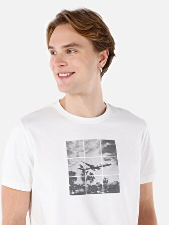 Normal Kesim Bisiklet Yaka Baskılı Beyaz Erkek Kısa Kol Tişört Cl1067981