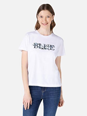 Normal Kesim Bisiklet Yaka Baskılı Beyaz Kadın Kısa Kol Tişört Cl1068004