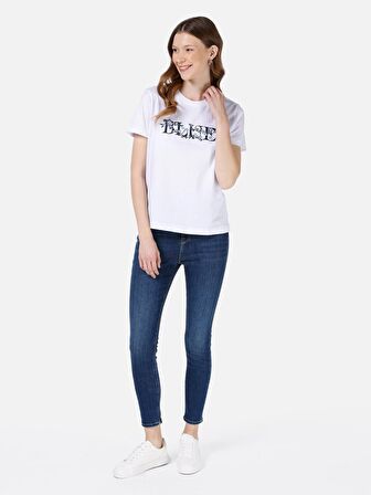 Normal Kesim Bisiklet Yaka Baskılı Beyaz Kadın Kısa Kol Tişört Cl1068004