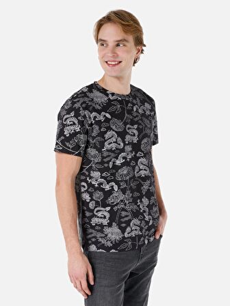 Normal Kesim Bisiklet Yaka Baskılı Antrasit Erkek Kısa Kol Tişört Cl1068017