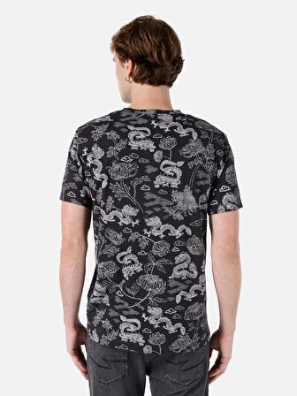 Normal Kesim Bisiklet Yaka Baskılı Antrasit Erkek Kısa Kol Tişört Cl1068017