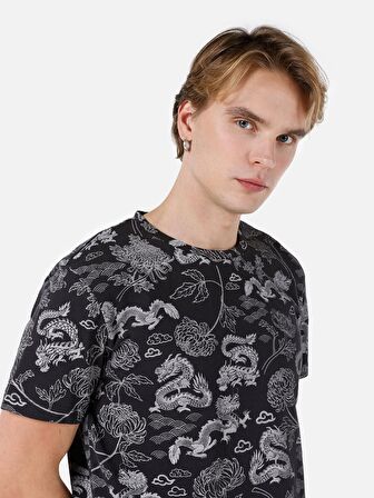 Normal Kesim Bisiklet Yaka Baskılı Antrasit Erkek Kısa Kol Tişört Cl1068017