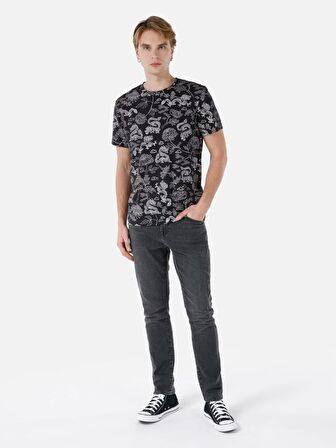 Normal Kesim Bisiklet Yaka Baskılı Antrasit Erkek Kısa Kol Tişört Cl1068017