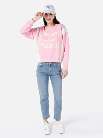 Normal Kesim Bisiklet Yaka Pembe Kadın Sweatshirt