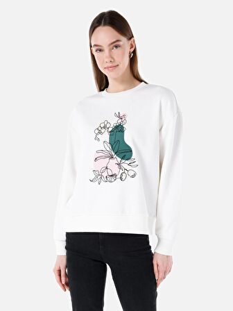 Normal Kesim Bisiklet Yaka Baskılı Beyaz Kadın Sweatshirt Cl1068067