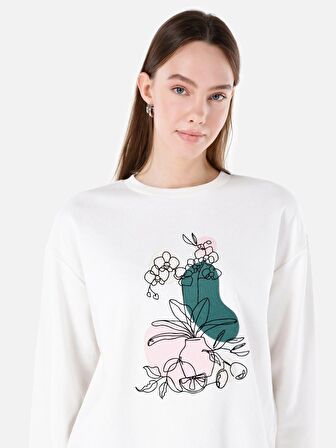 Normal Kesim Bisiklet Yaka Baskılı Beyaz Kadın Sweatshirt Cl1068067