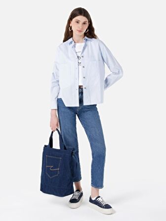 Normal Kesim Shirt Yaka Cepli Mavi Kadın Uzun Kol Gömlek Cl1068072