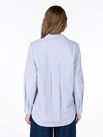 Normal Kesim Shirt Yaka Mavi Kadın Uzun Kol Gömlek