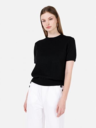 Normal Kesim Bisiklet Yaka Siyah Kadın Kısa Kol Kazak