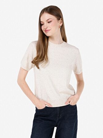 Normal Kesim Bisiklet Yaka Ekru Kadın Kısa Kol Kazak Cl1068077