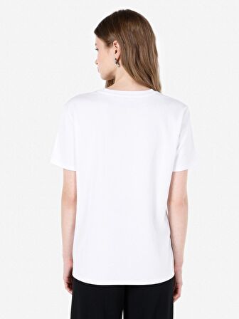 Normal Kesim Bisiklet Yaka Baskılı Beyaz Kadın Kısa Kol Tişört Cl1068086