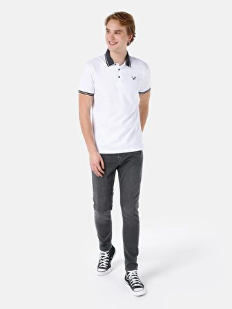 Dar Kesim Polo Yaka Beyaz Erkek Kısa Kol Tişört Cl1068111