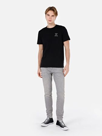 Normal Kesim Bisiklet Yaka Baskılı Siyah Erkek Kısa Kol Tişört Cl1068187