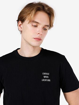 Normal Kesim Bisiklet Yaka Baskılı Siyah Erkek Kısa Kol Tişört Cl1068187