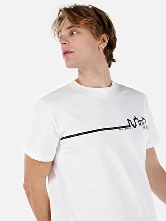 Normal Kesim Bisiklet Yaka Baskılı Beyaz Erkek Kısa Kol Tişört Cl1068189