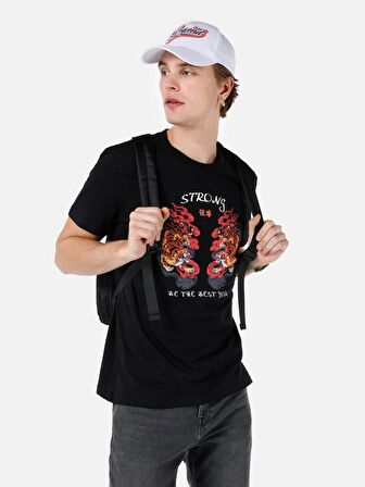 Normal Kesim Bisiklet Yaka Baskılı Siyah Erkek Kısa Kol Tişört Cl1068204