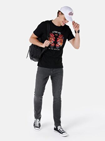 Normal Kesim Bisiklet Yaka Baskılı Siyah Erkek Kısa Kol Tişört Cl1068204