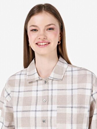 Normal Kesim Shirt Yaka Kareli Bej Kadın Uzun Kol Gömlek Cl1068245