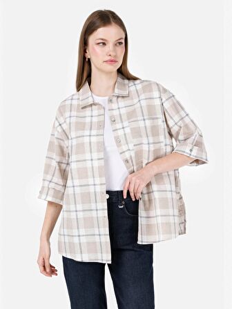 Normal Kesim Shirt Yaka Kareli Bej Kadın Uzun Kol Gömlek Cl1068245
