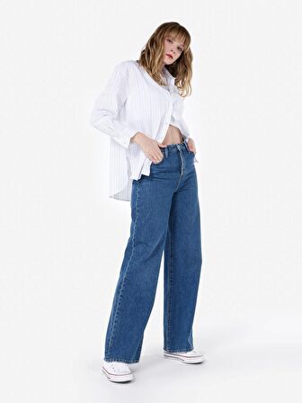Normal Kesim Shirt Yaka Çizgili Beyaz Kadın Uzun Kol Gömlek Cl1068247
