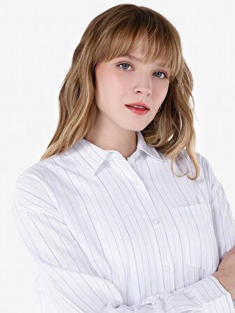 Normal Kesim Shirt Yaka Çizgili Beyaz Kadın Uzun Kol Gömlek Cl1068247