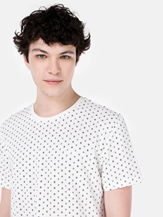 Normal Kesim Bisiklet Yaka Baskılı Beyaz Erkek Kısa Kol Tişört Cl1068264