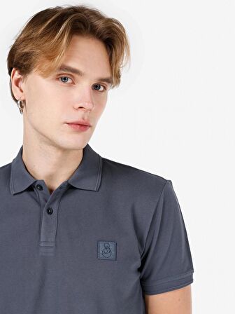 Normal Kesim Polo Yaka Baskılı Mavi Erkek Kısa Kol Tişört
