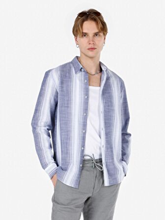 Normal Kesim Shirt Yaka Çizgili Lacivert Erkek Uzun Kol Gömlek Cl1068399