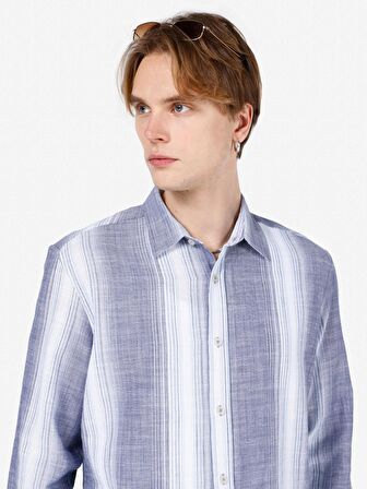 Normal Kesim Shirt Yaka Çizgili Lacivert Erkek Uzun Kol Gömlek Cl1068399