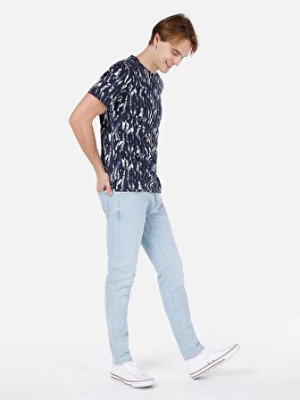 Normal Kesim Bisiklet Yaka Desenli Lacivert Erkek Kısa Kol Tişört