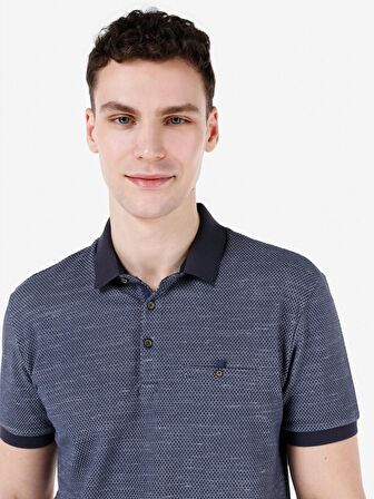 Normal Kesim Polo Yaka Desenli Lacivert Erkek Kısa Kol Tişört