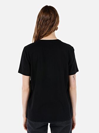 Normal Kesim Bisiklet Yaka Baskılı Siyah Kadın Kısa Kol Tişört Cl1068433
