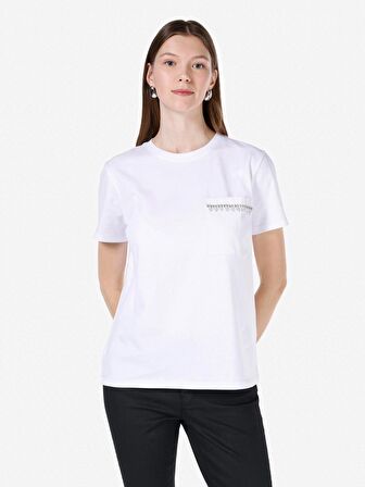 Normal Kesim Bisiklet Yaka Baskılı Beyaz Kadın Kısa Kol Tişört Cl1068437