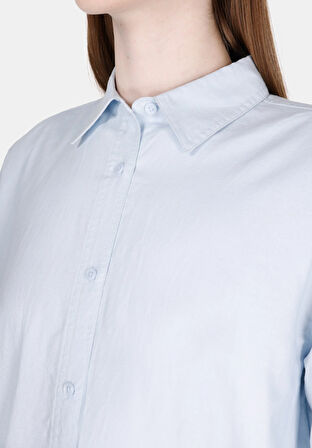 Relax Fit Shirt Neck Düz Kadın Mavi Uzun Kol Gömlek
