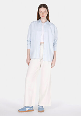 Relax Fit Shirt Neck Düz Kadın Mavi Uzun Kol Gömlek
