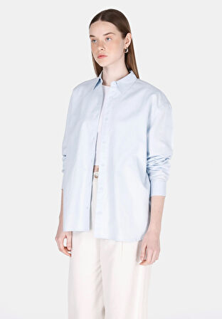 Relax Fit Shirt Neck Düz Kadın Mavi Uzun Kol Gömlek