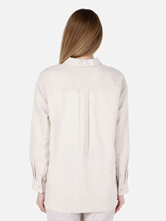 Relaxed Fit Shirt Neck Düz Kadın Bej Uzun Kol Gömlek