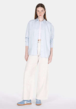 Relaxed Fit Shirt Neck Düz Kadın Mavi Uzun Kol Gömlek