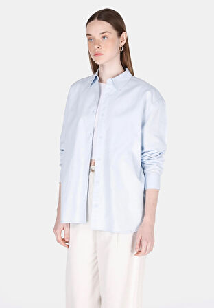 Relaxed Fit Shirt Neck Düz Kadın Mavi Uzun Kol Gömlek