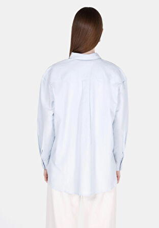 Relaxed Fit Shirt Neck Düz Kadın Mavi Uzun Kol Gömlek