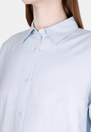 Relaxed Fit Shirt Neck Düz Kadın Mavi Uzun Kol Gömlek