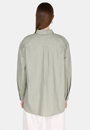 Relaxed Fit Shirt Neck Düz Kadın Yeşil Uzun Kol Gömlek