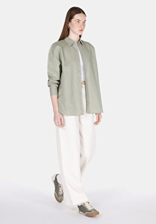 Relaxed Fit Shirt Neck Düz Kadın Yeşil Uzun Kol Gömlek